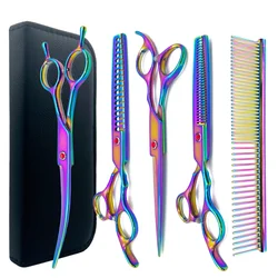 7.5 inch Pet Grooming Scissors Kit 6 in 1 Cat and Dog Scissors Kit With Curved Scissors and Shark Scissors