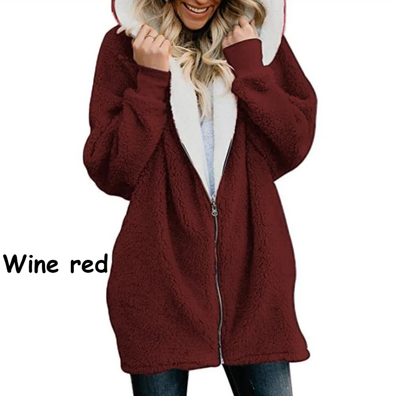 2023 hot Women Fluffy Long Sleeved Hooded Cardigan Jacket Winter Warm Zipper Fashion Solid Color Coat