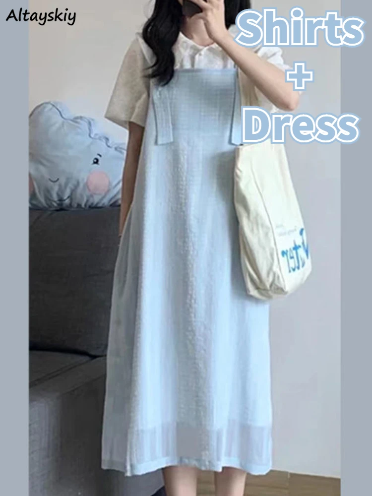 

Женский комплект из 2 предметов, рубашка с воротником «Питер Пэн», свободное платье средней длины, летнее Простое Повседневное платье в стиле преппи для студентов и отпуска, 2023