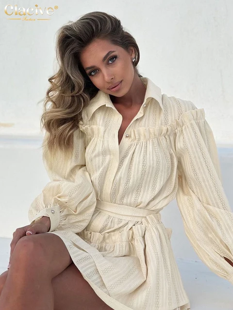 Clacive Fashion Loose Beige Cotton Women's Dress 2025 Casual Lapel Long Sleeve Mini Dresses Elegant Classic Lace-Up Female Dress 1
