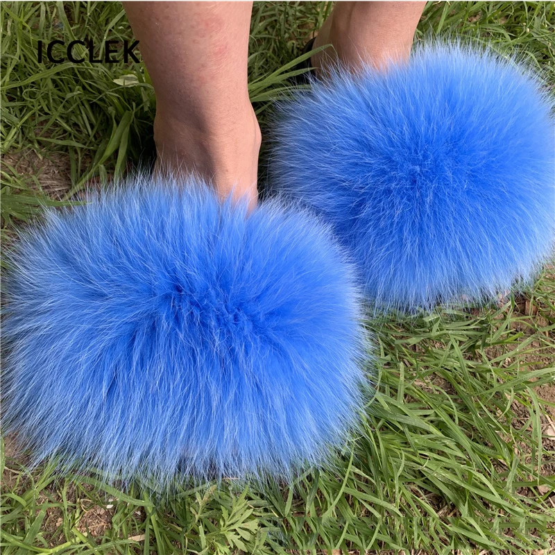 Full Fur Slippers Women Indoor Real Fox Fur Slides Fluffy Furry Flip