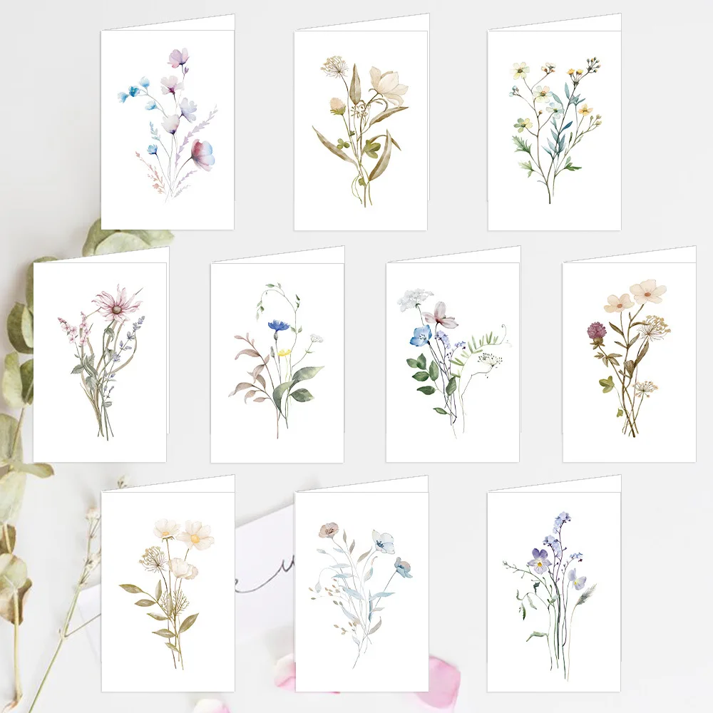 10PCS/Set Artistic Watercolor Floral Greeting Cards Set with Envelopes, Invitations for Wedding Birthday Party All Occasions