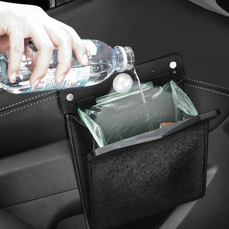 Car front seat LED waterproof magnetic adsorption garbage bin suspension car seat leather storage leak proof garbage bin 1 pcs car storage bag car trash can car trash bag
