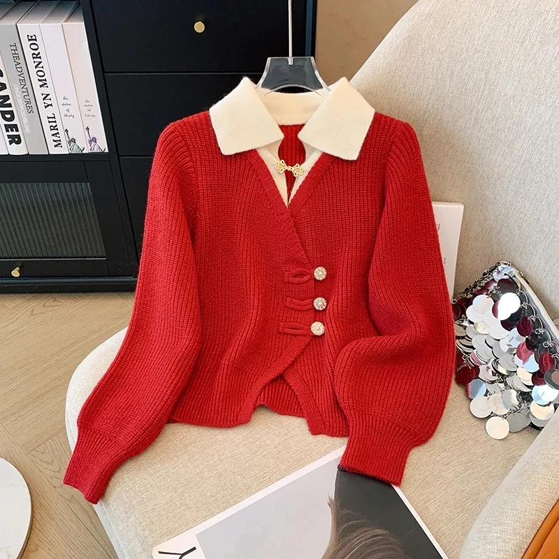New 2025 Autumn Winter Design Splicing Slim Women Knitted Cardigan Sweater Jacket Fashion Fake Two Items Loose Ladies Top 3
