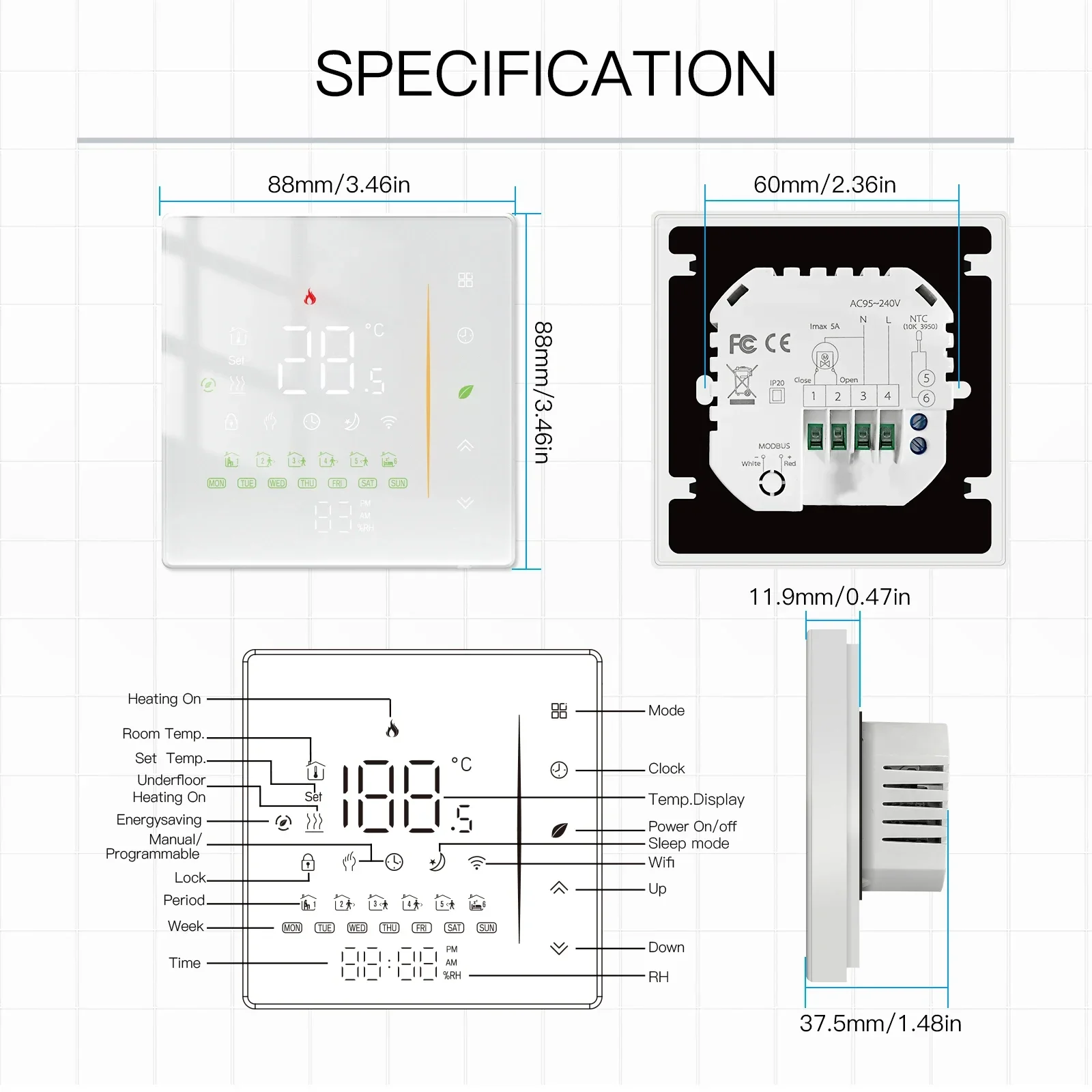 Moes Zigbee Thermostat Room Temperature Controller of Water/Electric Floor Heating Gas Boiler Humidity Tuya Work with Alex 5A16A