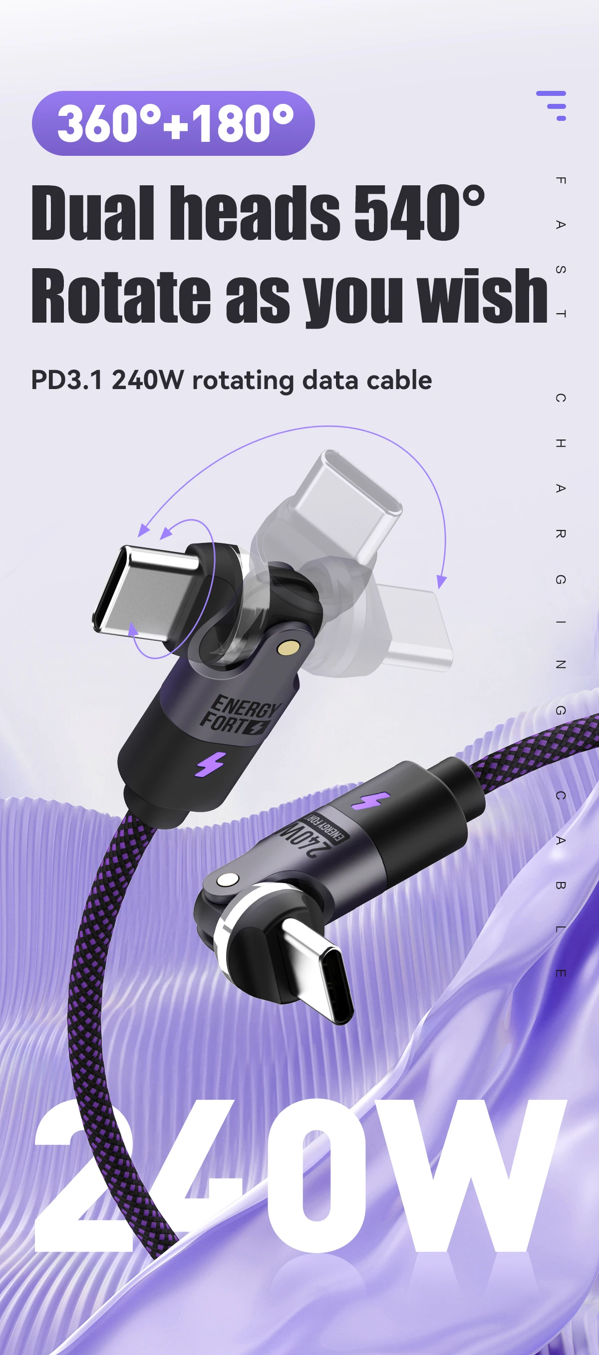 240 W PD3.1 Schnellladekabel 540 ° Rotation Typ C auf C 5A Kabel für iPhone MacBook Samsung UGREEN/Anker Powerbank – Detail 1