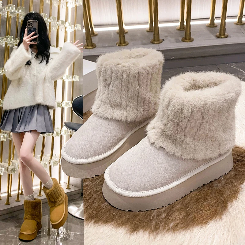 

Med Heel Boots Shoes Winter Footwear Round Toe Plush Boots-Women Australia Lolita 2023 Ladies Fur Rubber Flat Snow