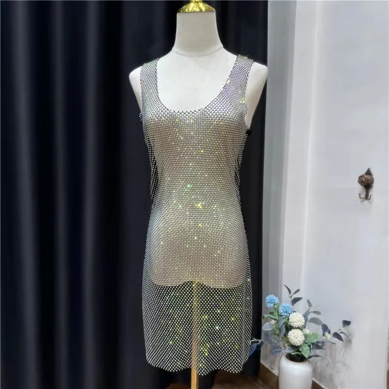Women's Sheer Rhinestone Mesh Fishnet Dress See Through Swimwear Bikini  Cover Up Bright Diamond Crystal Temperament Sling Dress - AliExpress