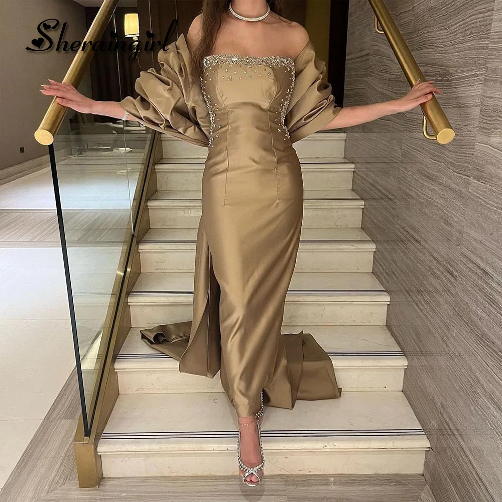 

SHERAIN Shiny Vintage Evening Dresses Beads Rhinestones Cape Side Slit Chapel Train Tight Bust Vestido Elegante Custom Made