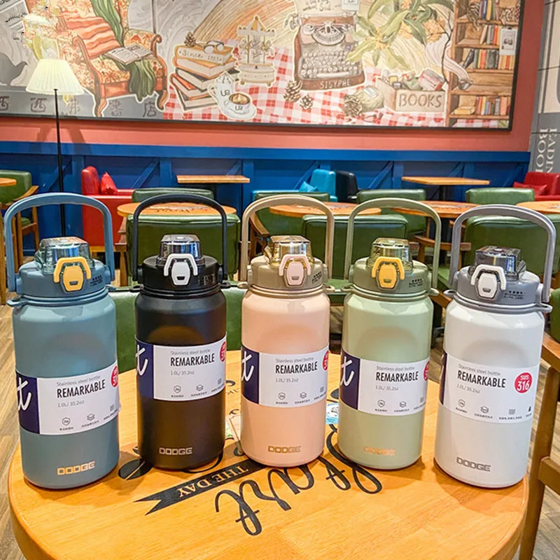 

1000ml Portable Thermal Water Bottle Outdoor Stainless Steel Straw Fitness Sports Car Water Cup Coffee Thermos Flask Tumblers