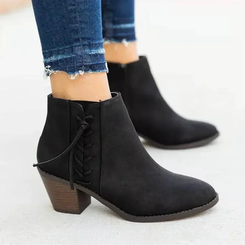 

2024 New Women Ankle Boots Fashion Thick Heel Spring Summer Autumn Single Boots Mid-heel Pointed High Heels Shoes