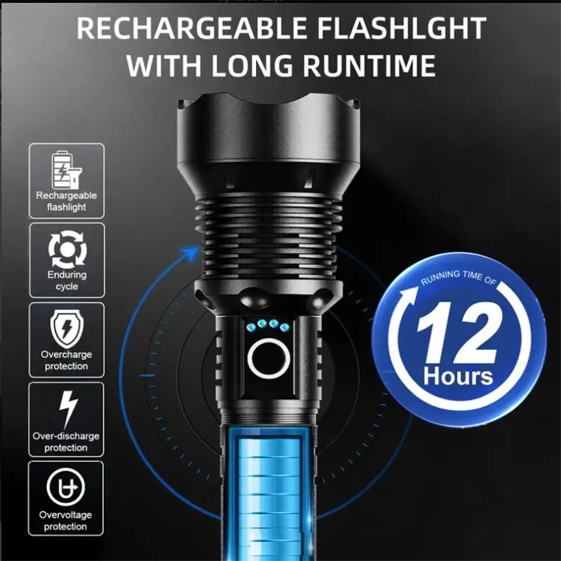충전식 USB 토치 라이트, 강력한 전술 플래시 라이트, 줌 사냥 랜턴, 방수 핸드 램프, 실제 Xhp90 LED 손전등