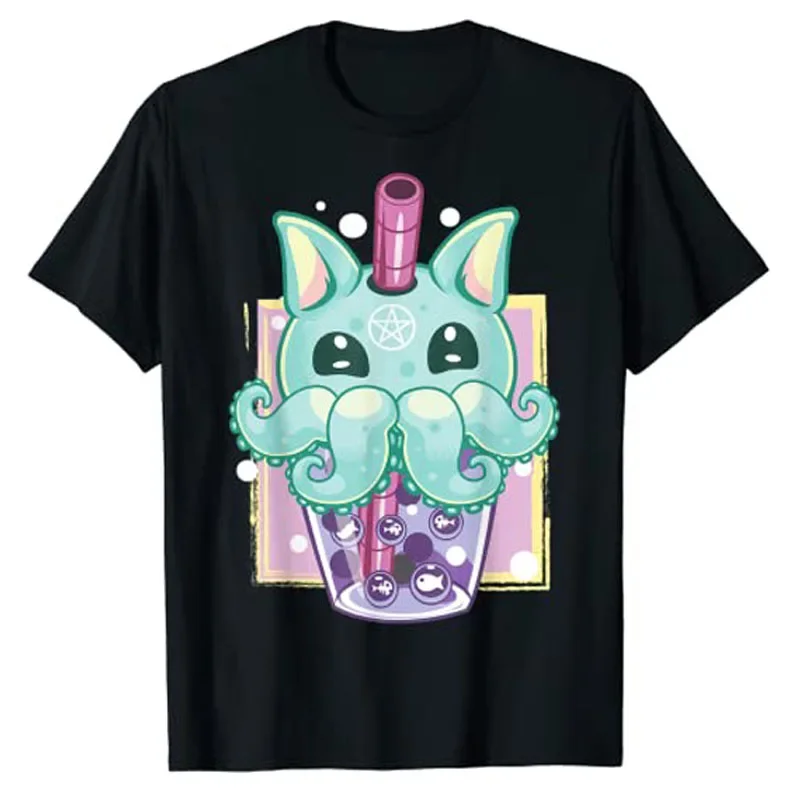 

Kawaii Pastel Goth Creepy Creature Boba Bubble Tea Anime T-Shirt Japanese Style Cartoon Graphic Tee Tops Funny Aesthetic Clothes