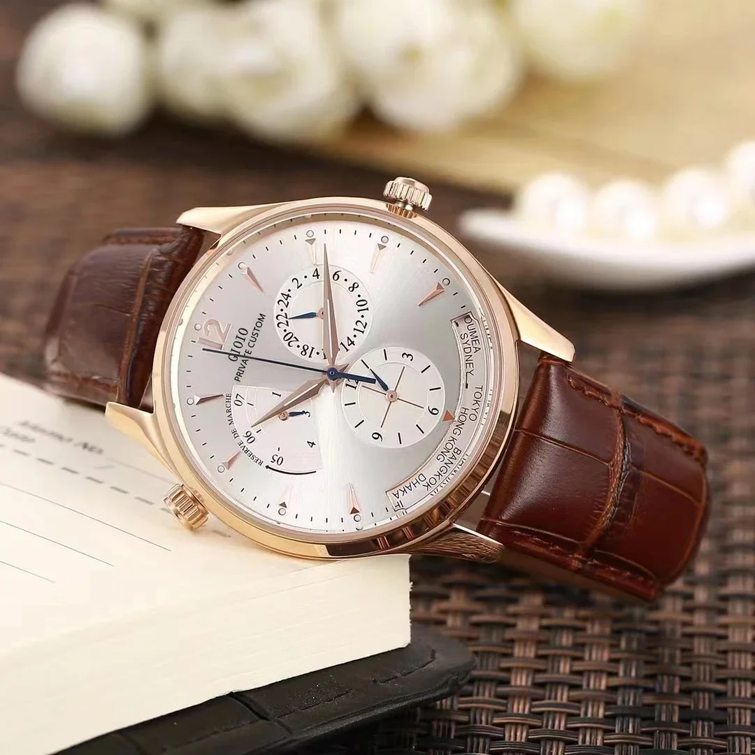 

42mm High Quality Mens Automatic Watch Mechanical Sapphire Dual Time zone Rose Gold Black Brown Leather