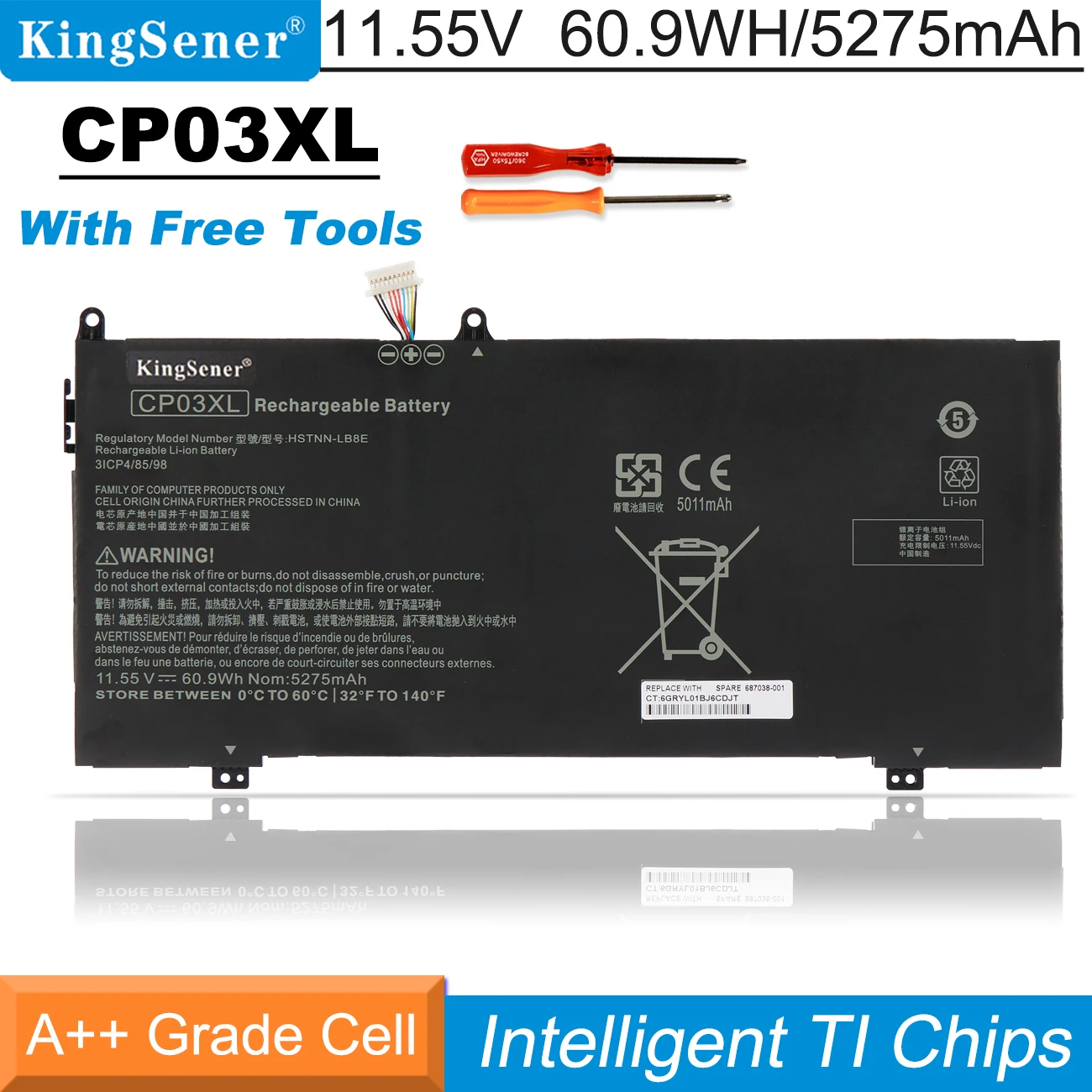 Bateria de Kingsener 60.9wh Cp03xl para hp Spectre X360 13-ae049ng 13-ae040ng 13-ae011ur 13-ae052nr 929066421 929072855 Hstnn-lb8e