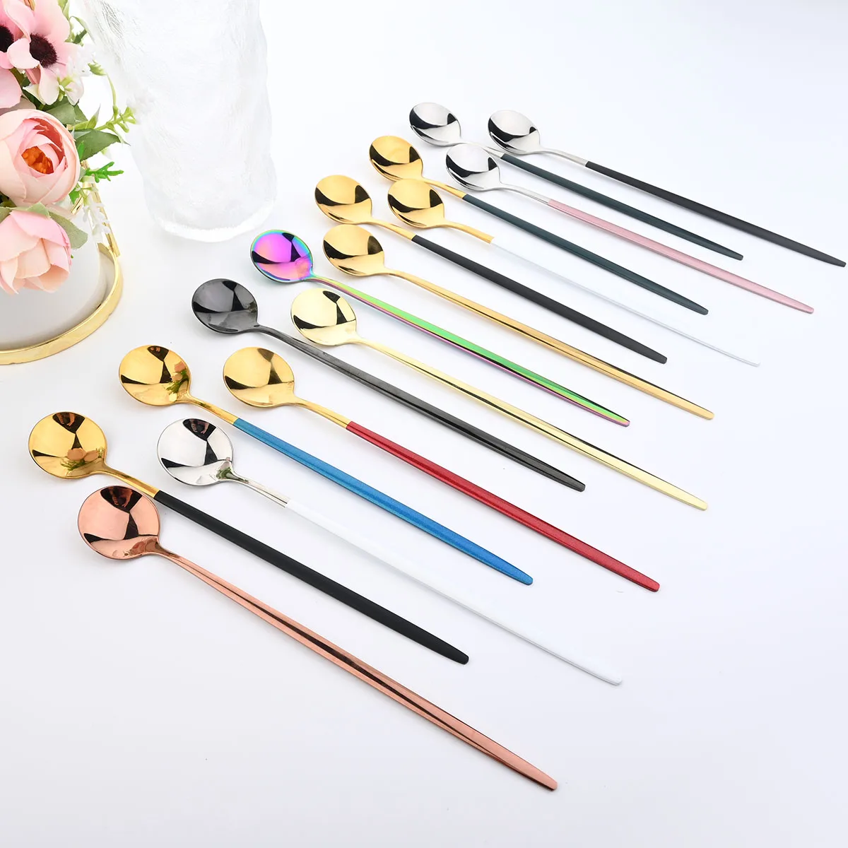 10Pcs Mirror Long Handle Ice Spoon Coffee Tea Stir Spoon Stainless Steel Cutlery Set Dinnerware Kitchen Bar Tools Flatware Set