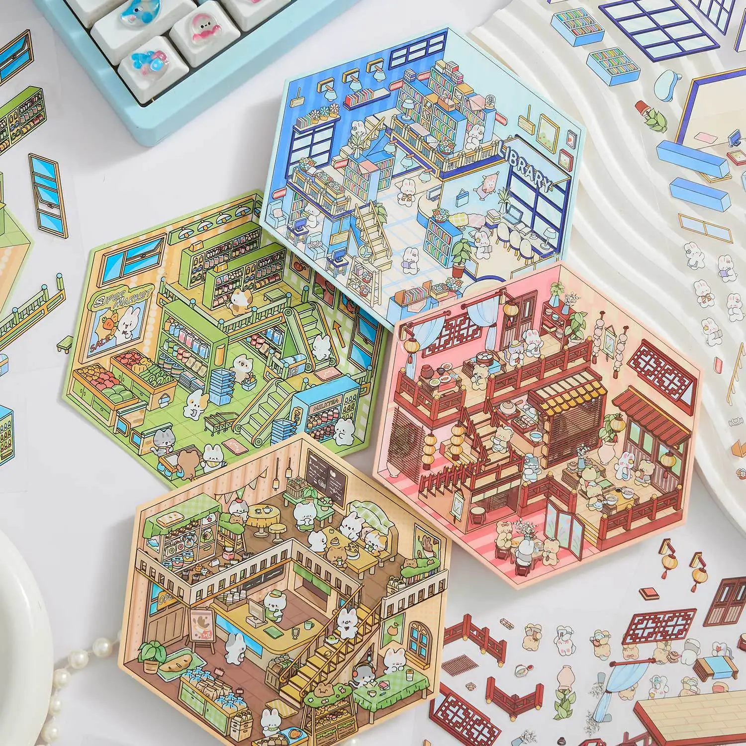 3D House Landscape Stickers Cartoon Coffee Dessert Series Scene DIY Cabin Stacking And Pasting Hand Account Gift Stationery