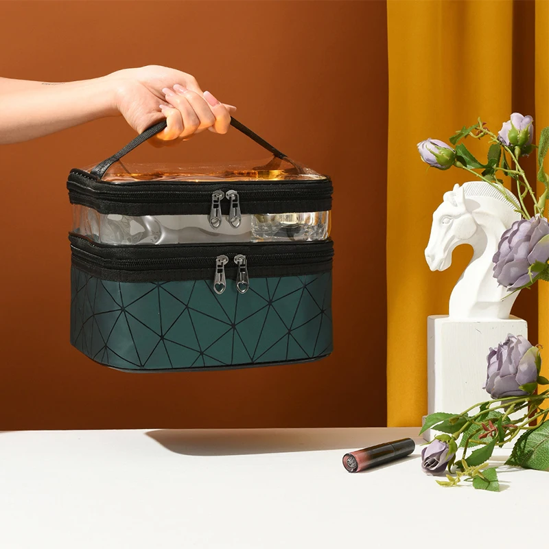 

Double Portable Large Capacity Makeup Bag Traveling Leather Toiletries Organize Storage Make Up Case Transparent Handbag