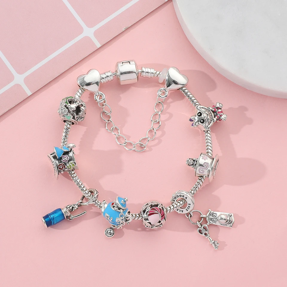 Fit Pandora Disney Alice in Wonderland The Mad Hatter Tea Party Charms  Bracelet Women Jewelry Accessories Cheshire Cat Beads DIY