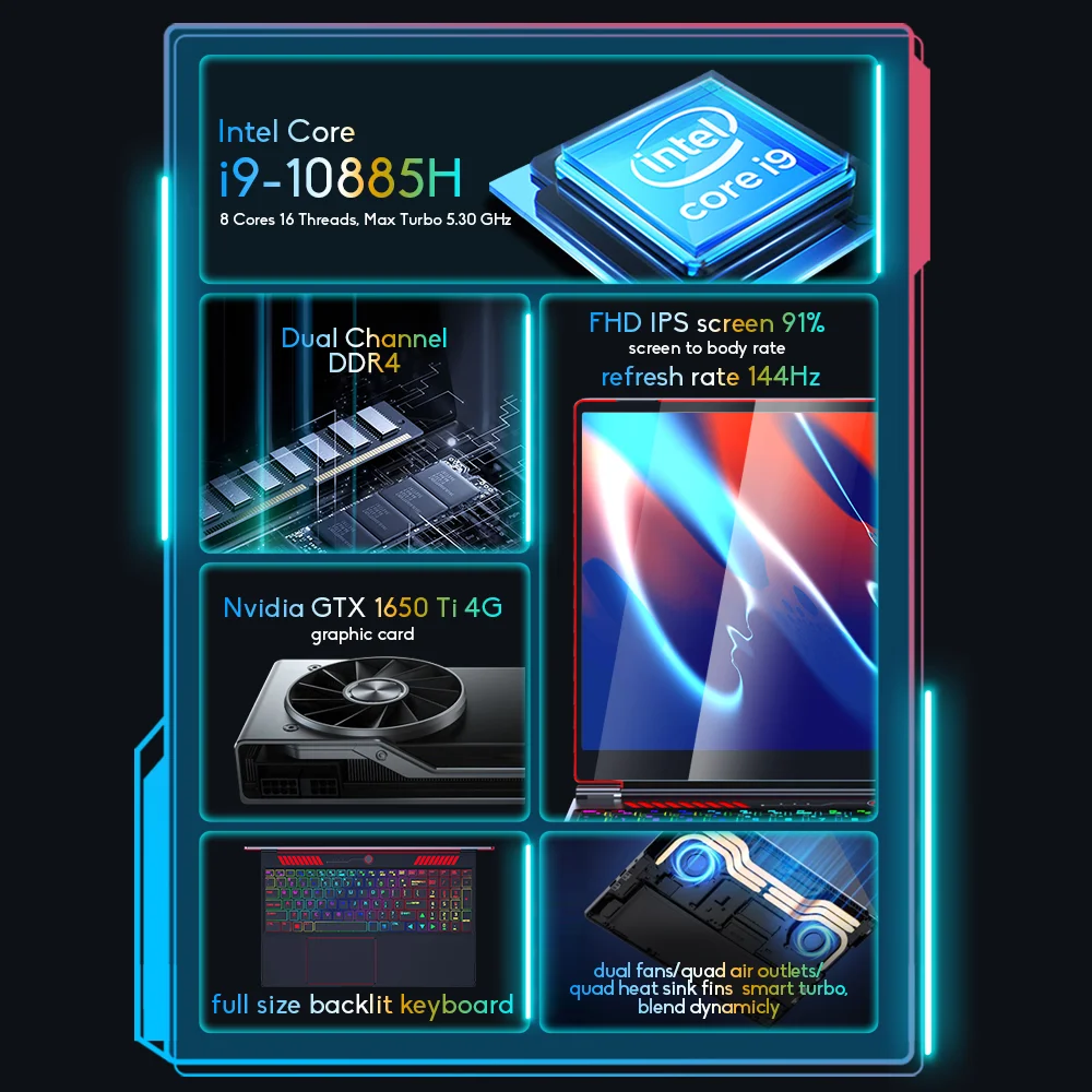 Ninkear RGB 백라이트 키보드 게이밍 노트북, 인텔 코어 i9-10885H, Nvidia GTX1650Ti 노트북, 144Hz, 32GB, 1TB SSD, G16, 16 인치