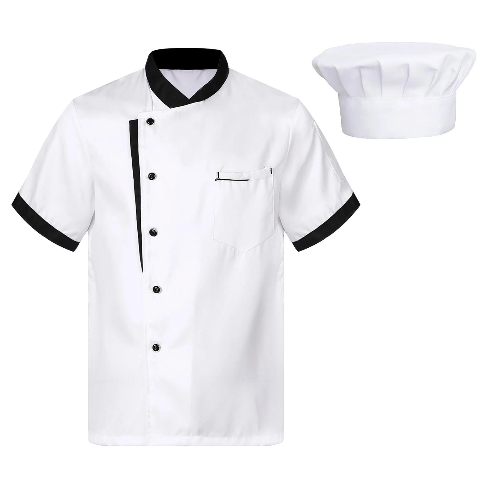 

Mens Women Kitchen Jacket Short Sleeves Uniform Work Breathable Long Sleeve Chef Jacket Uniform Canteen Restaurant Cook Coat Hat