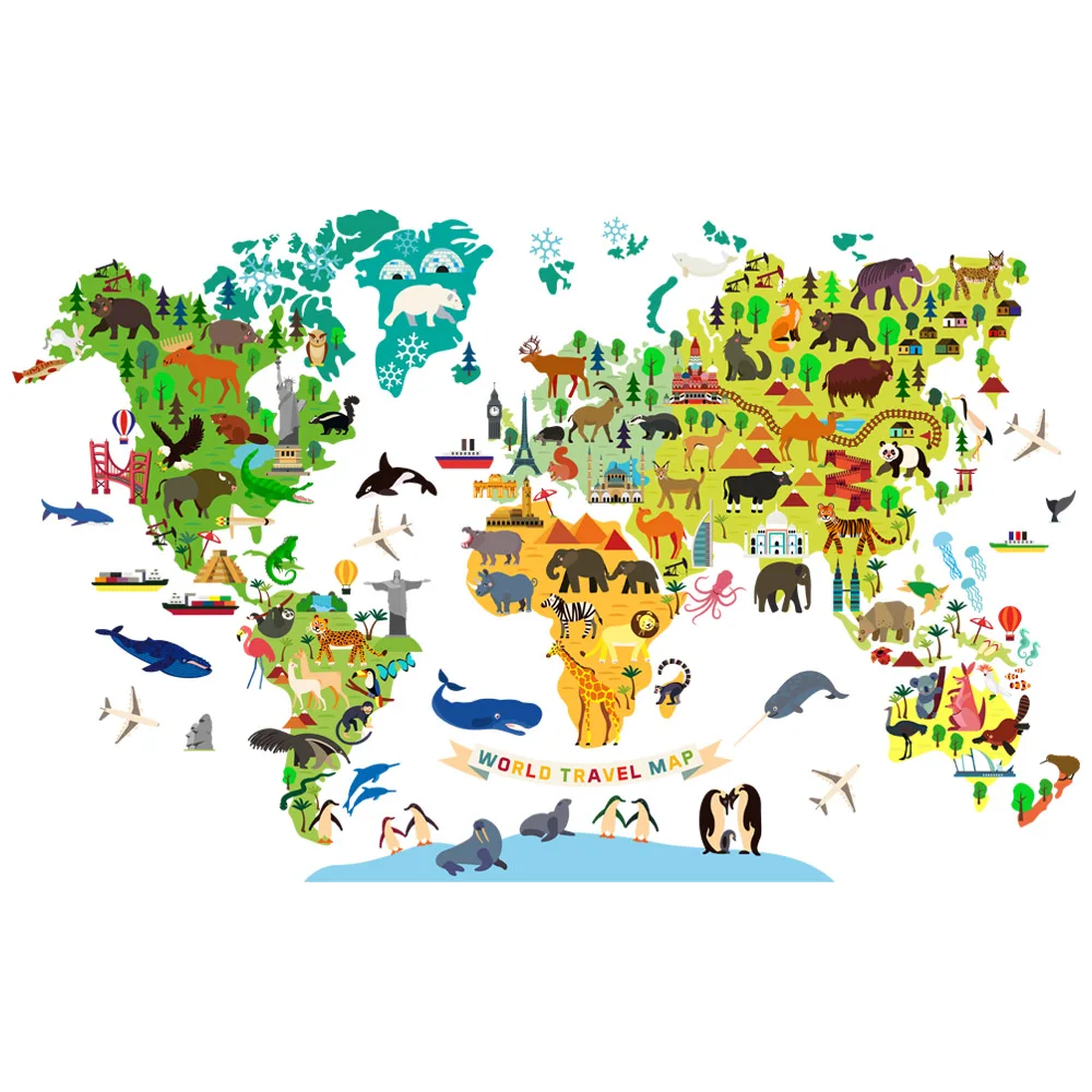 World Travel Map Block Wall Stickers for Display Window Nursery Study Room