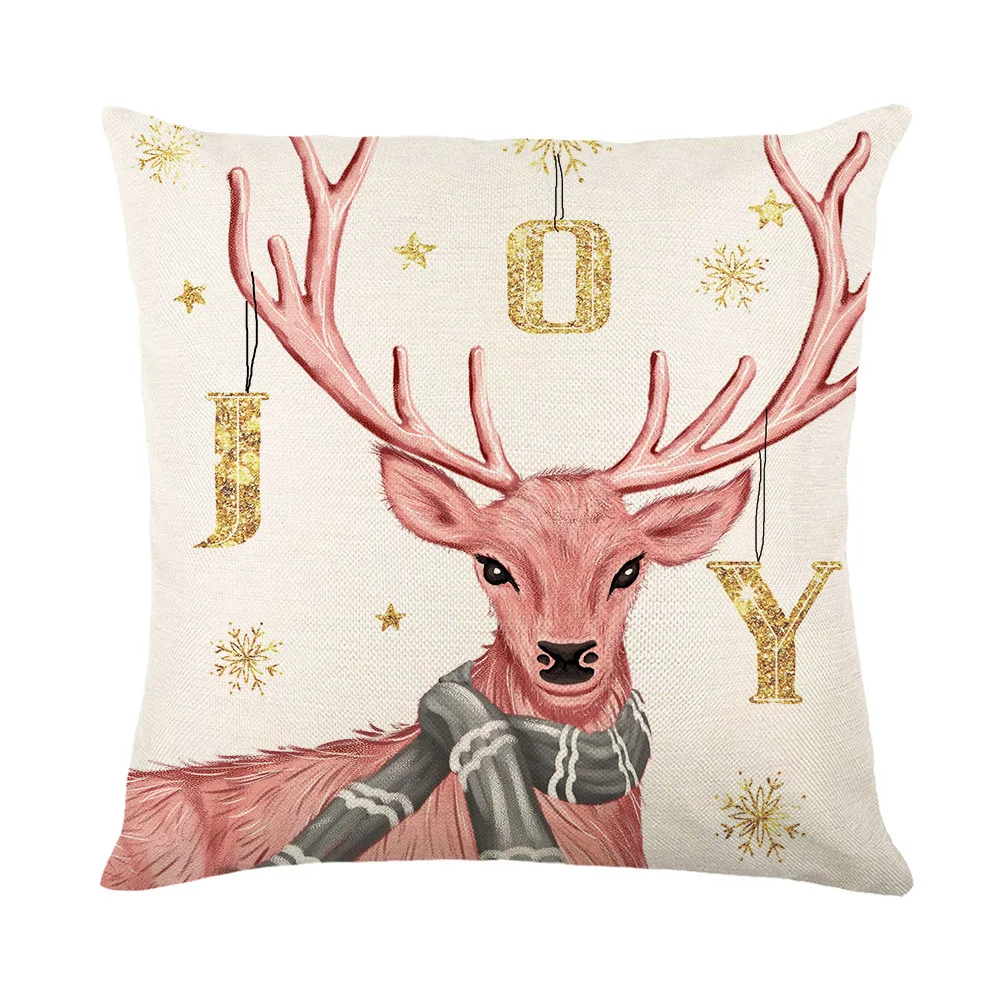 Merry Christmas Pink Cushion Cover Santa Claus Sleigh Car Reindeer Print Pillowcases Xmas Farmhouse Home Decor Sofa Pillow Cover