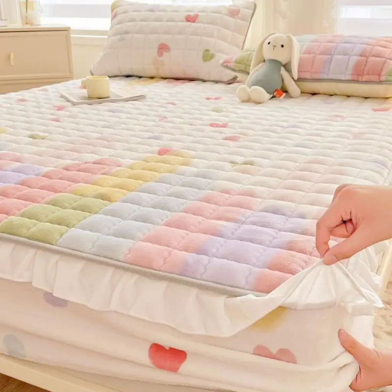 

Winter Warm Plush Fitted Sheet Quilted Mattress Cover Double Bedsheet Bed Cover Queen King Bedspreads Bed Lines Home Textiles