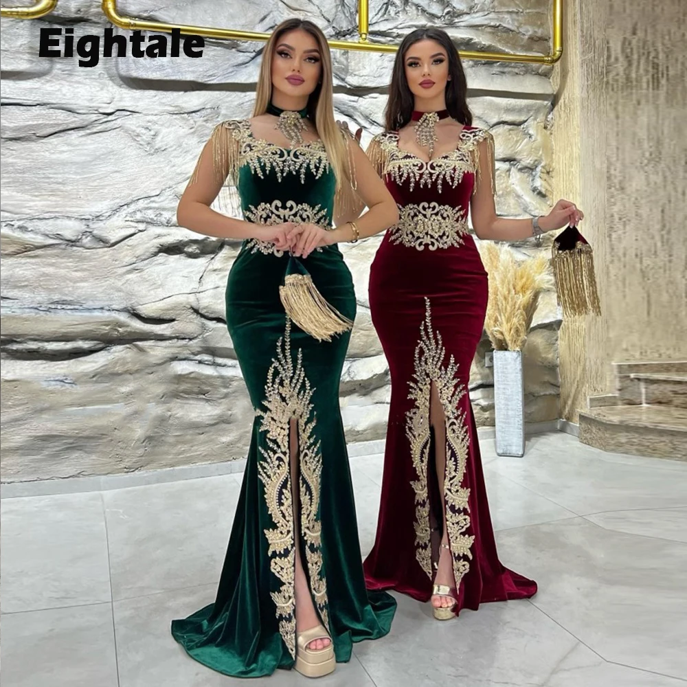 

Eightale Karakou Algerien Arabic Evening Dresses High Neck Appliues Gold Lace Mermaid Prom Gown Dubai Caftan Party Gowns