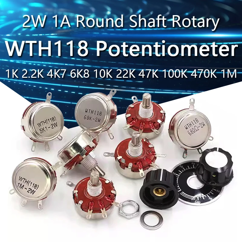 WTH118 2W 1A Potentiometer 1K 2.2K 4K7 6K8 10K 22K 47K 100K 470K 1M 103 WTH118-2W Round Shaft Carbon Rotary Taper Potentiometer