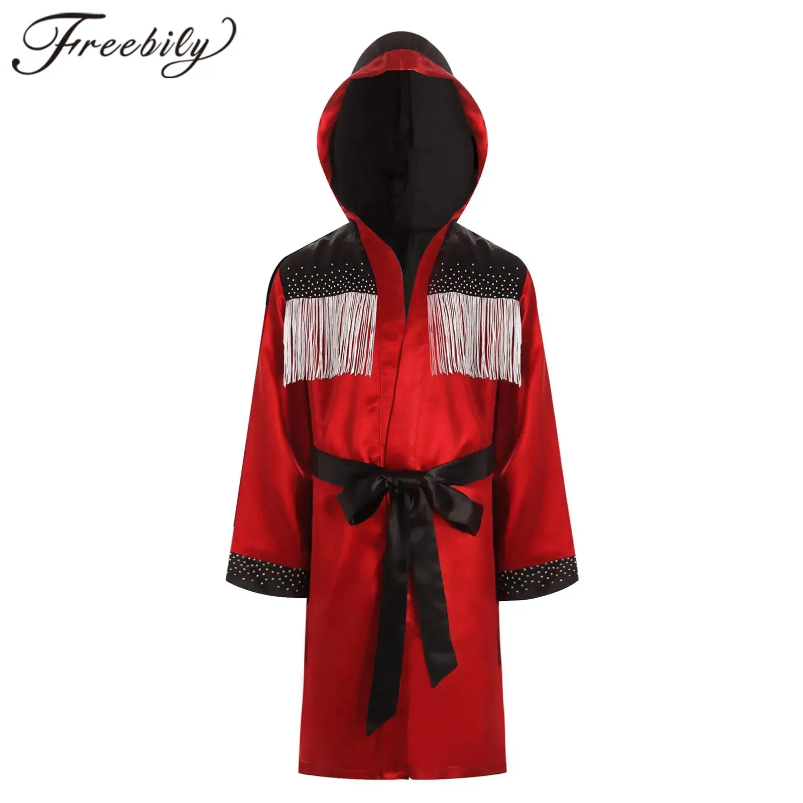 Kids Boys Girls Boxing Robe Thai Kickboxing Costume Tassel Hoodie Cloak Satin Hooded Robe with Belt for Jiu Jitsu Fighting Wear