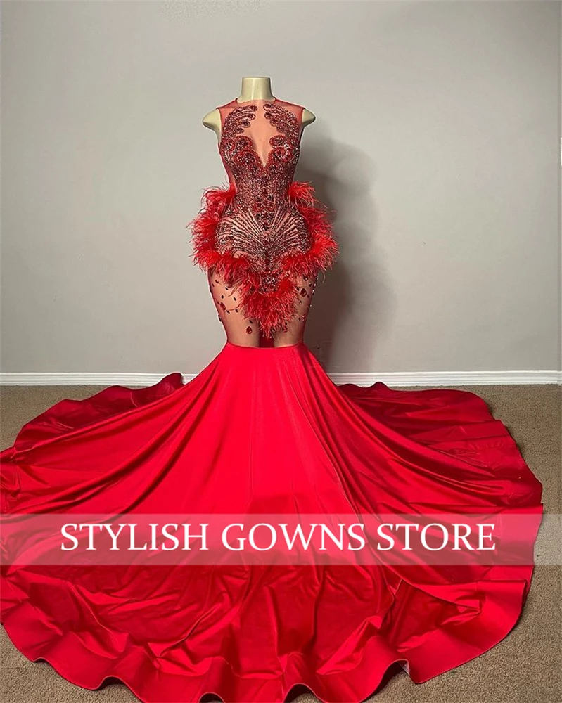 Red O Neck Evening Dress For Black Girls Beaded Crystal Birthday Party Gowns Feathers Formal Dresses Mermaid Robe De Soiree