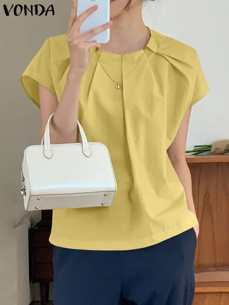 

VONDA Women Pleated Shirt 2024 Summer Solid Color Tops Short Sleeve Blouses Tops Fashion Loose Tunic OL Office Blusas Oversized