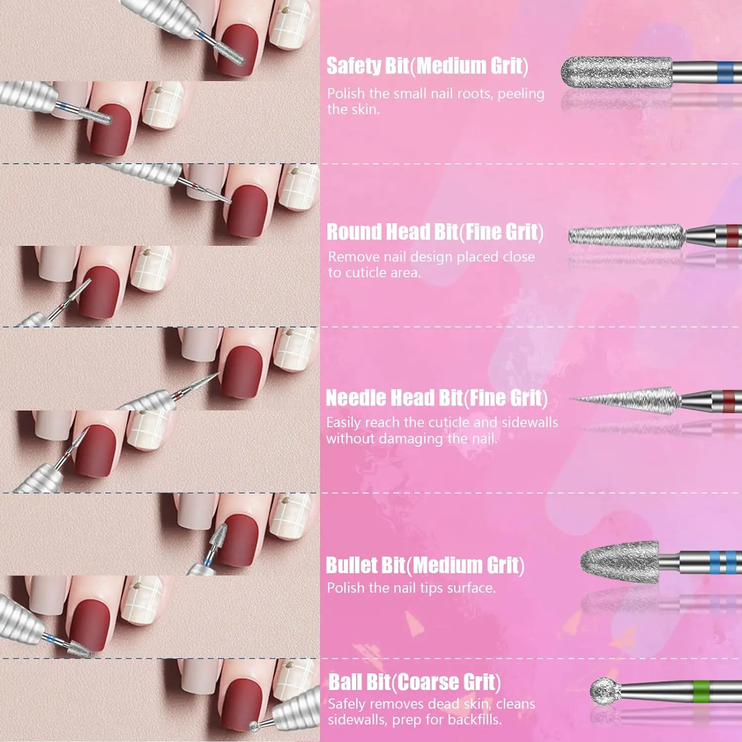 25피스 네일 밀링 커터 세트, 3/32인치 네일 드릴, 세라믹 카바이드 다이아몬드 큐티클 네일 드릴, 효율적인 제거 드릴