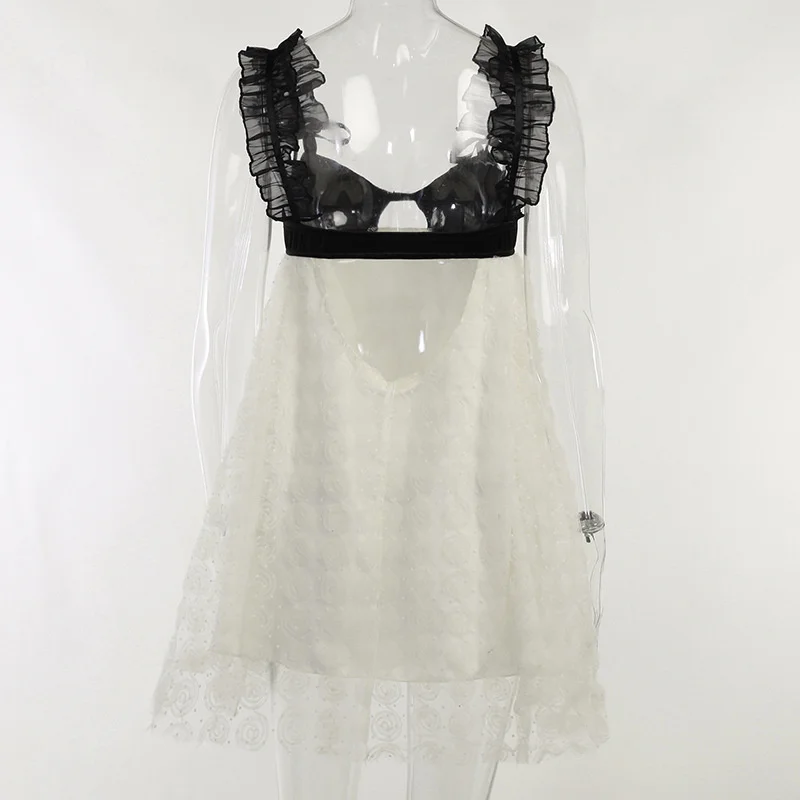 Vestido Fantoye de encaje transparente con retazos para mujer, minivestido sexy con tirantes finos en color albaricoque, informal, holgado, para primavera 2025