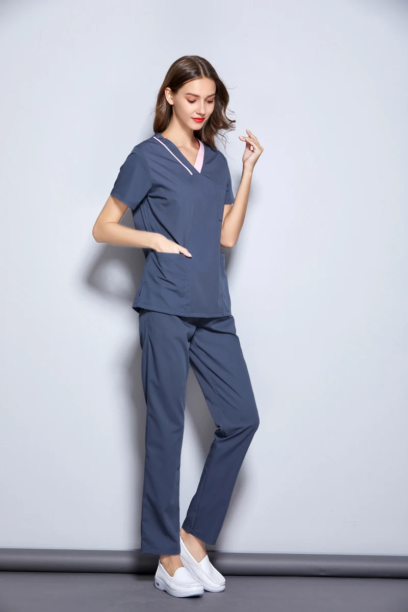 Women's Summer Multi Colorful Fancy V Neck Short Sleeve Dental Clinic Medical Uniforms Top and Long Pant Set Workingwear
