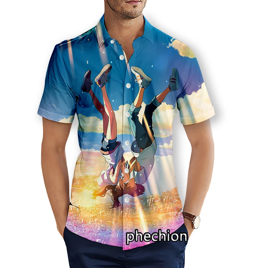 

phechion Summer Mens Short Sleeve Beach Shirts Weathering with You 3D Print Casual Shirts Fashion Streetwear Men Tops X137