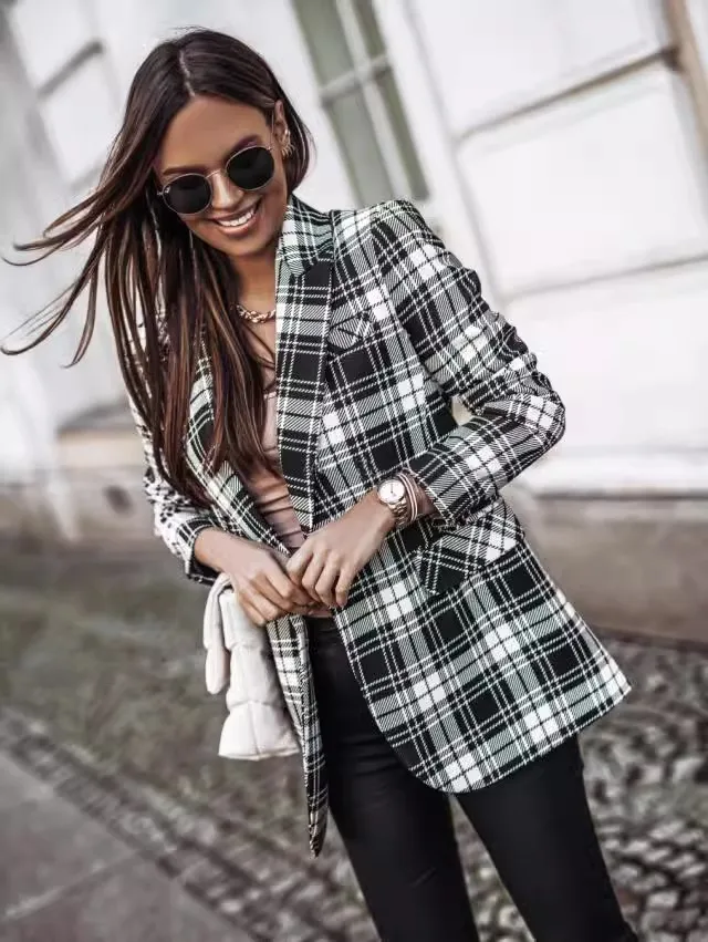 Women's New Long sleeved Double breasted Suit Plaid Coat Loose and Personalized Versatile Commuter Clothing