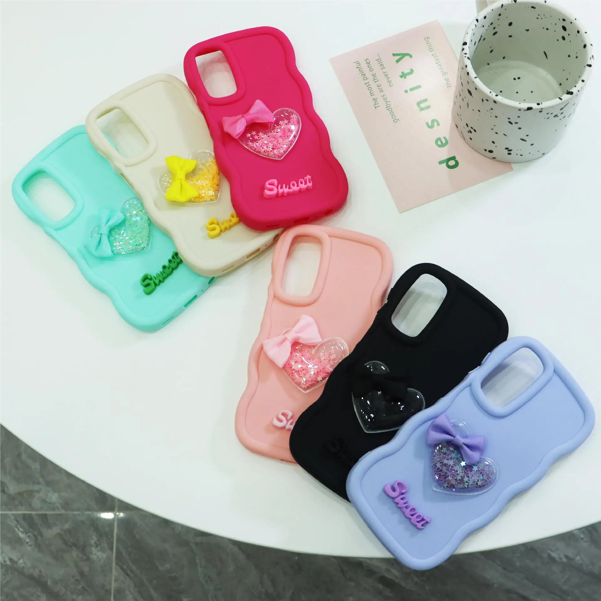 Charming 3D Quicksand Heart Bow Silicone Phone Case