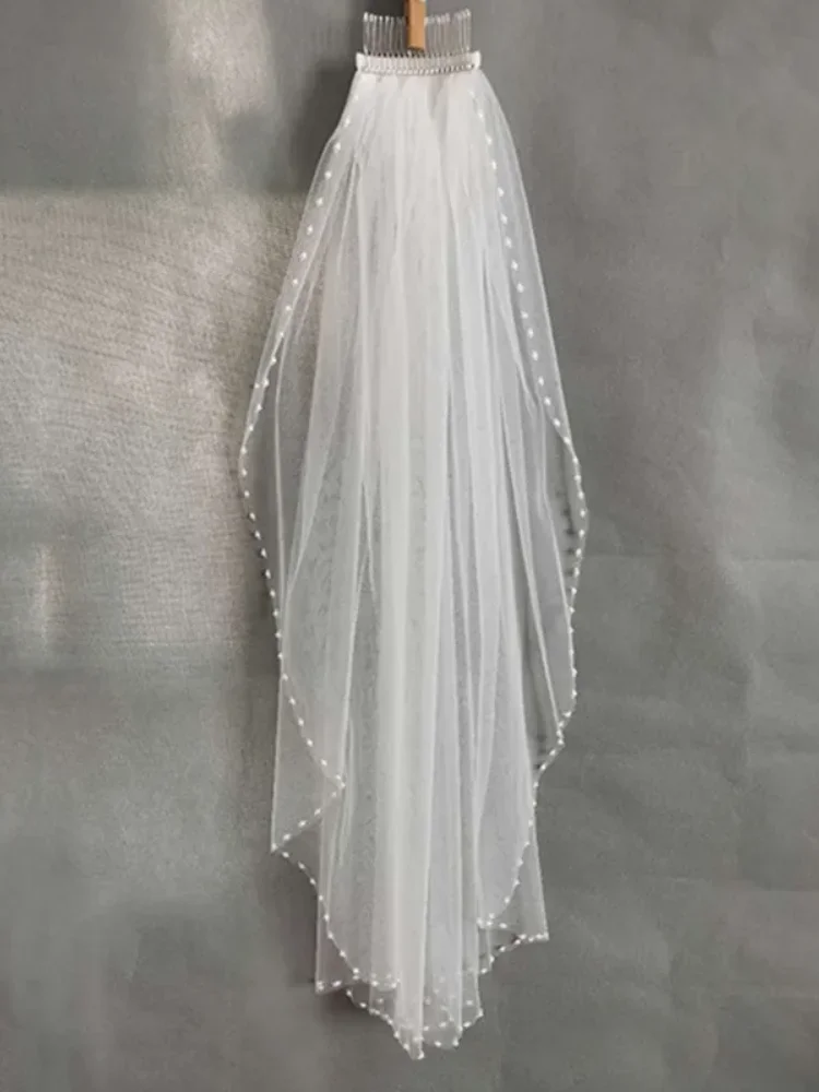 White lvory 1 Tier Elbow length Wedding Veils Crystal Cut Edge Bridal Veil With Comb beaded veil trim