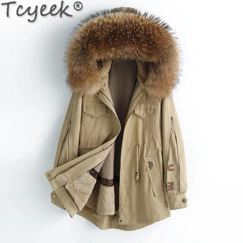 

Women's Tcyeek Parka Winter Rex Rabbit Liner Detachable Coat Warm Raccoon Collar Mid-long Real Fur Jacket Women Clothing