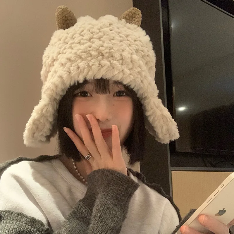 Women Lamb Wool Bucket Hat Winter Sheep Ear Plush Panama Caps for Girl Warm Faux Fur Soft Female Fisherman Sun Hats