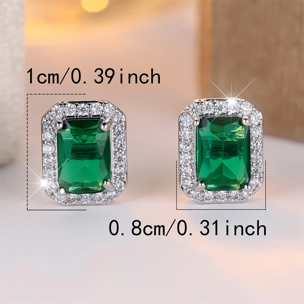 Luxury Crystal Green Zircon Square Stone Small Stud Earrings For Women Vintage Silver Color Versatile Jewelry Wedding Party Gift