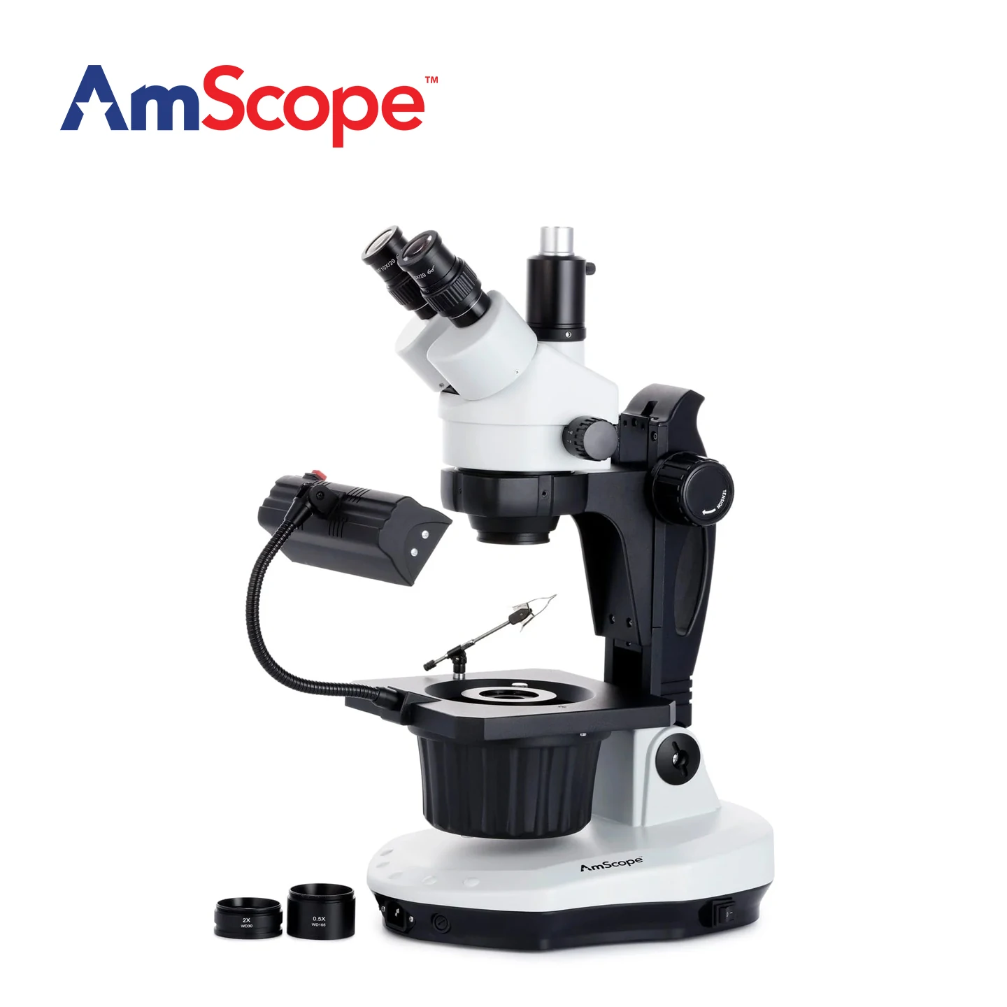 AmScope GM400 시리즈 고급 보석/귀금속 줌 삼안 실체 현미경(트랙 스탠드 포함)