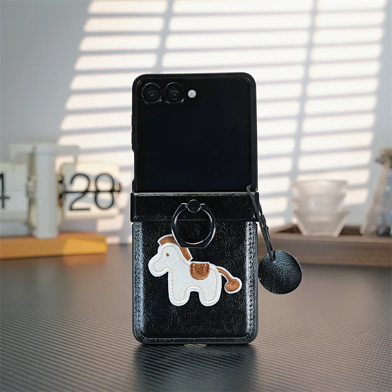 Premium PU Leather Embroidered Horse Folding Phone Case with Finger Ring Holder