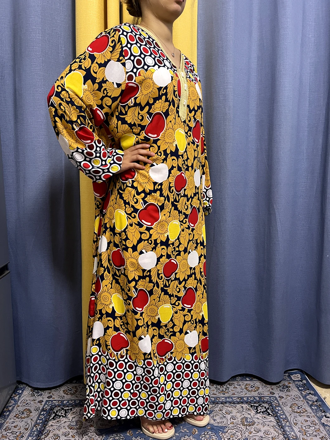 Abayas For Women 2023 Fashion Apple Printed Cotton V-neck Long Sleeves Loose Femme Robe African Dresses With Belt Headscarf