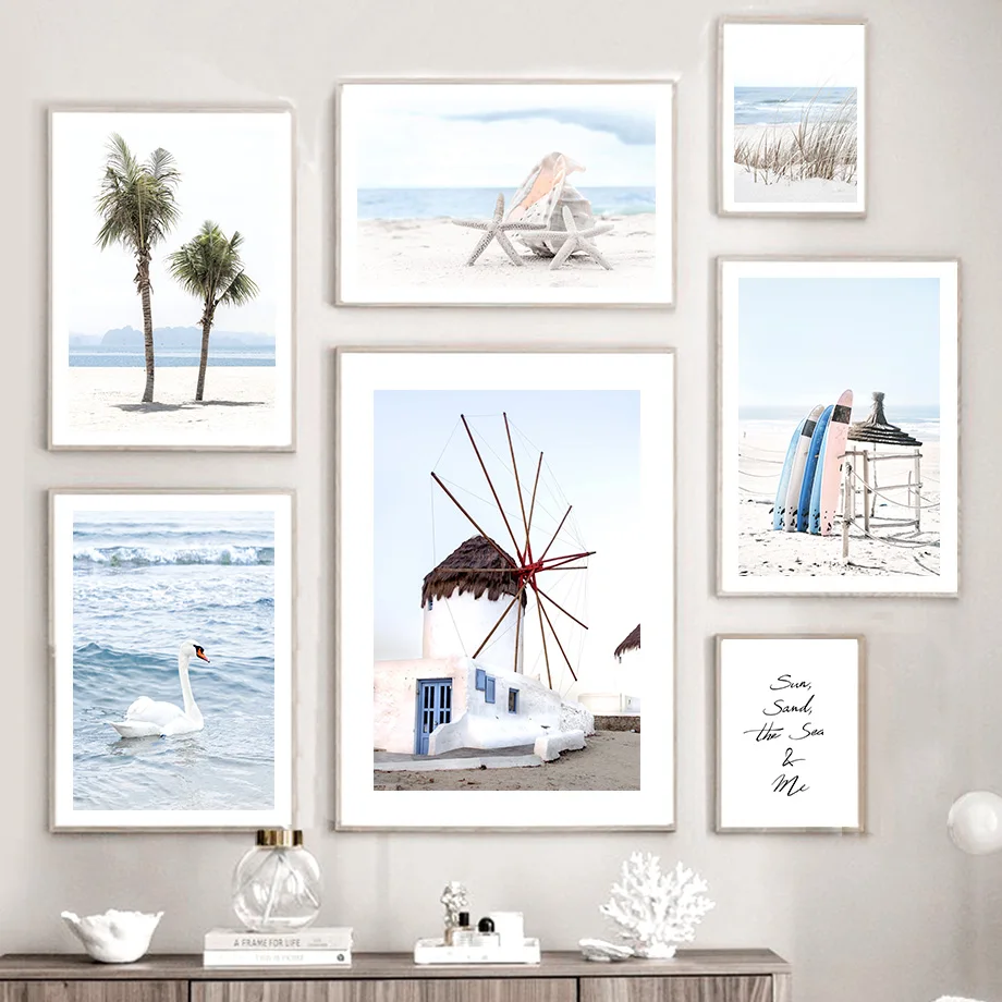 Sea Beach Cabin Swan Conch Palm Tree Reed Wall Art Canvas Painting Nordic Poster E Stampe Immagini A Parete Per La Decorazione Del Soggiorno