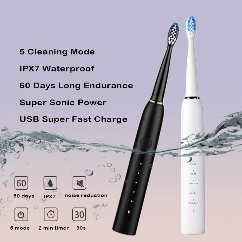 JAVEMAY Electric Toothbrush Ultrasonic High Frequency Vibration Clean USB Charging IPX7