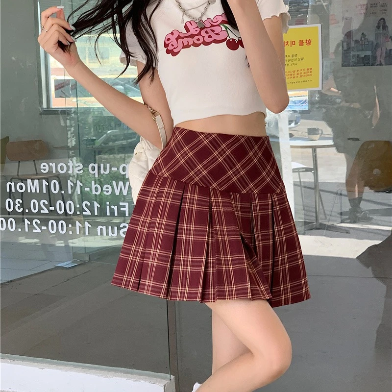 streetwear fashion casual summer thin elegant mini skirts high waist solid color patchwork pleated ruffles 2023 women s clothing High Waist Plaid Skirts Women Korean Style A-line Slim Thin Pleated Spring and Summer New Fashion Versatile Casual Skirt Female