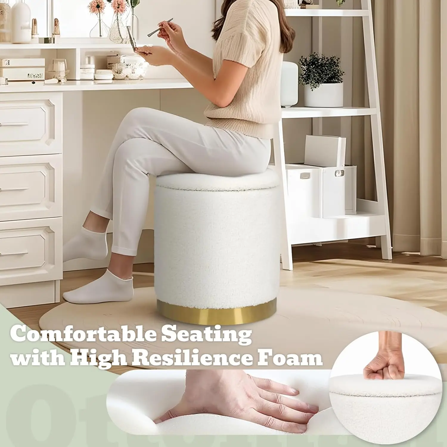 Boucle Round Storage Ottoman with Removable Lid, Small Upholstered Foot Rest Stool with Gold Plating Base